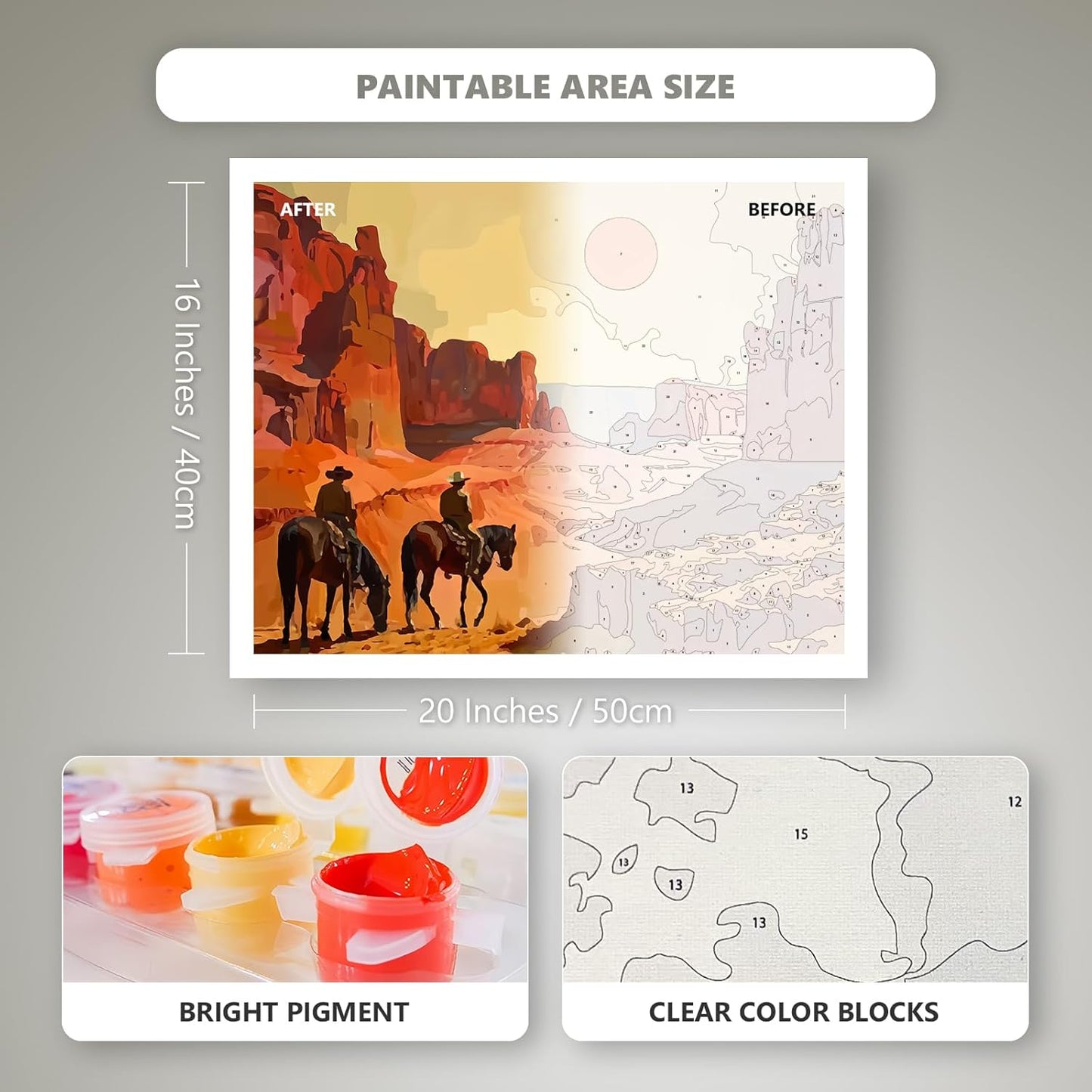 A visual representation of the paintable area size for a 16"x20" painting by numbers canvas, along with examples of the bright color pigments and clear color blocks