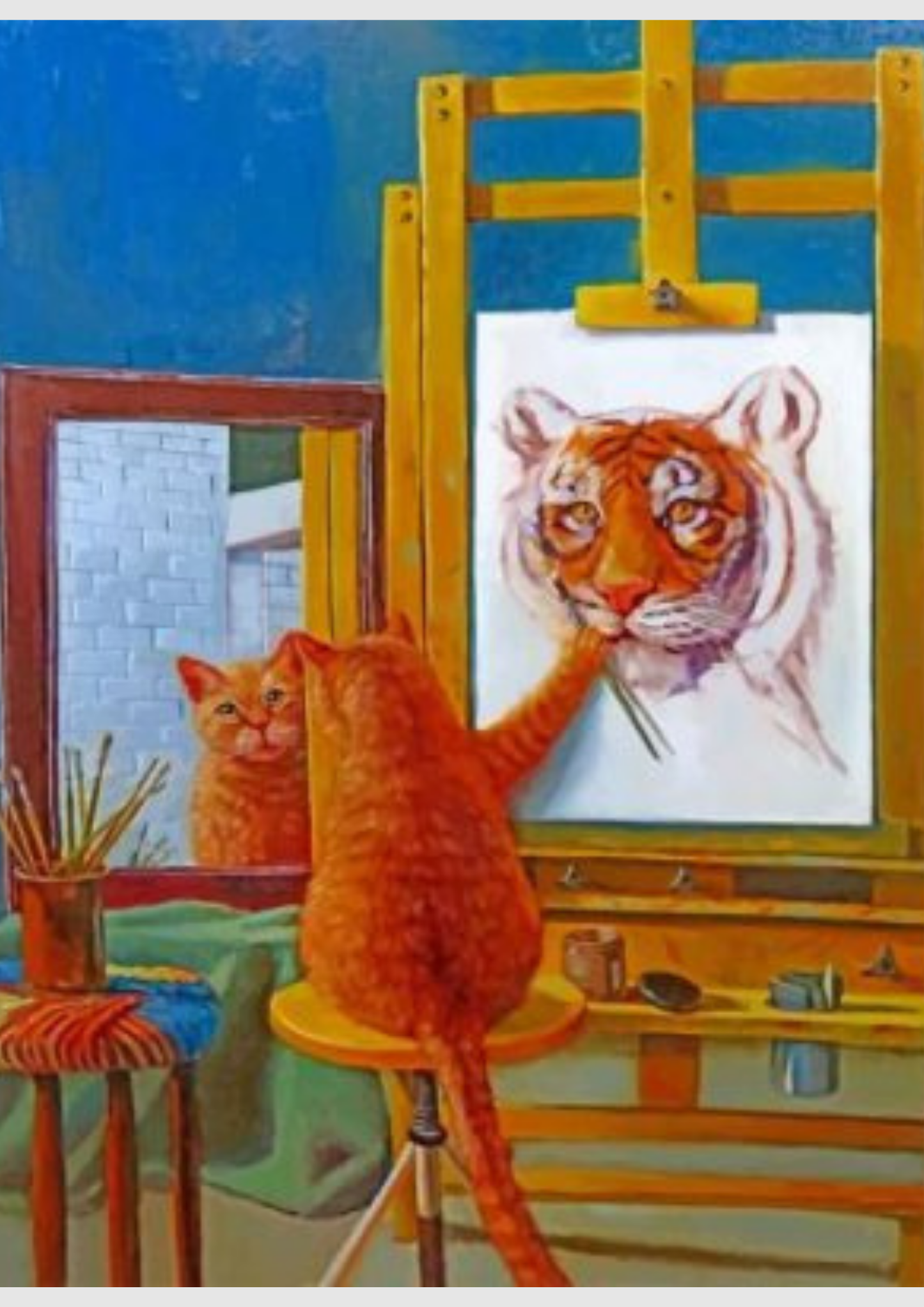 Artist Cat painting a tiger; Whimsical Painting By Numbers Kit featuring playful art.