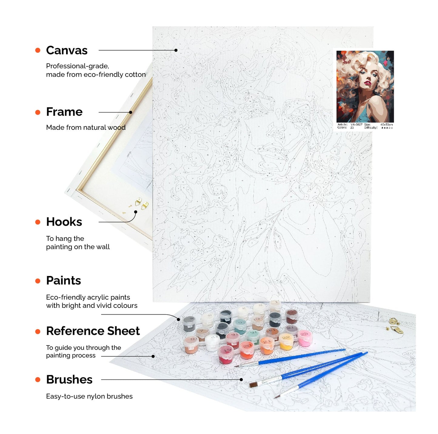 A reference guide to a painting by numbers canvas, indicating the canvas, frame, hooks, paints, reference sheet, and brushes