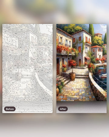 A Quiet Walk paint by numbers kit, before and after