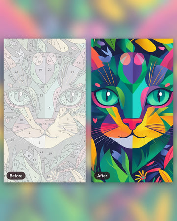 Abstract Cat paint by numbers kit, before and after