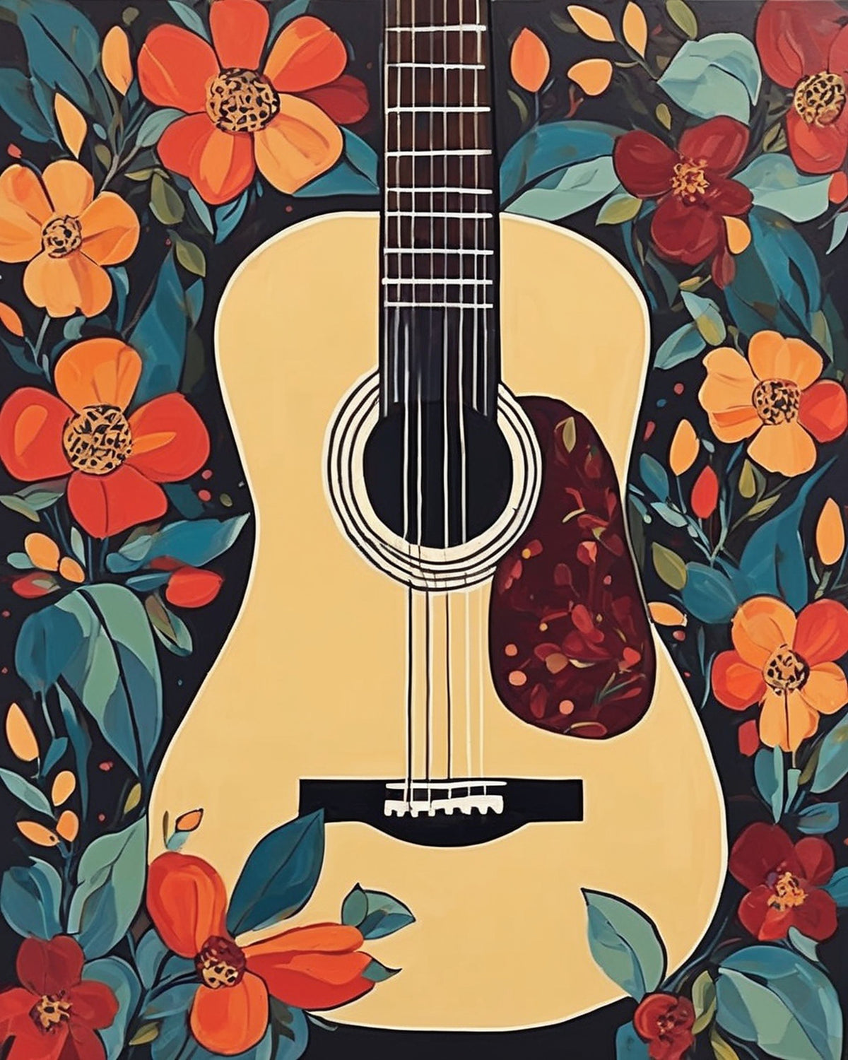 cream acoustic guitar with dark neck surrounded by orange and red flowers and teal leaves on a dark background, paint by numbers kit