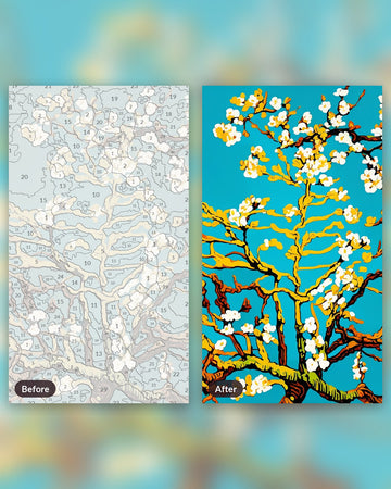 Almond Blossom after Van Gogh paint by numbers kit, before and after