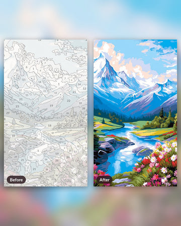 Alpine River Majesty paint by numbers kit, before and after