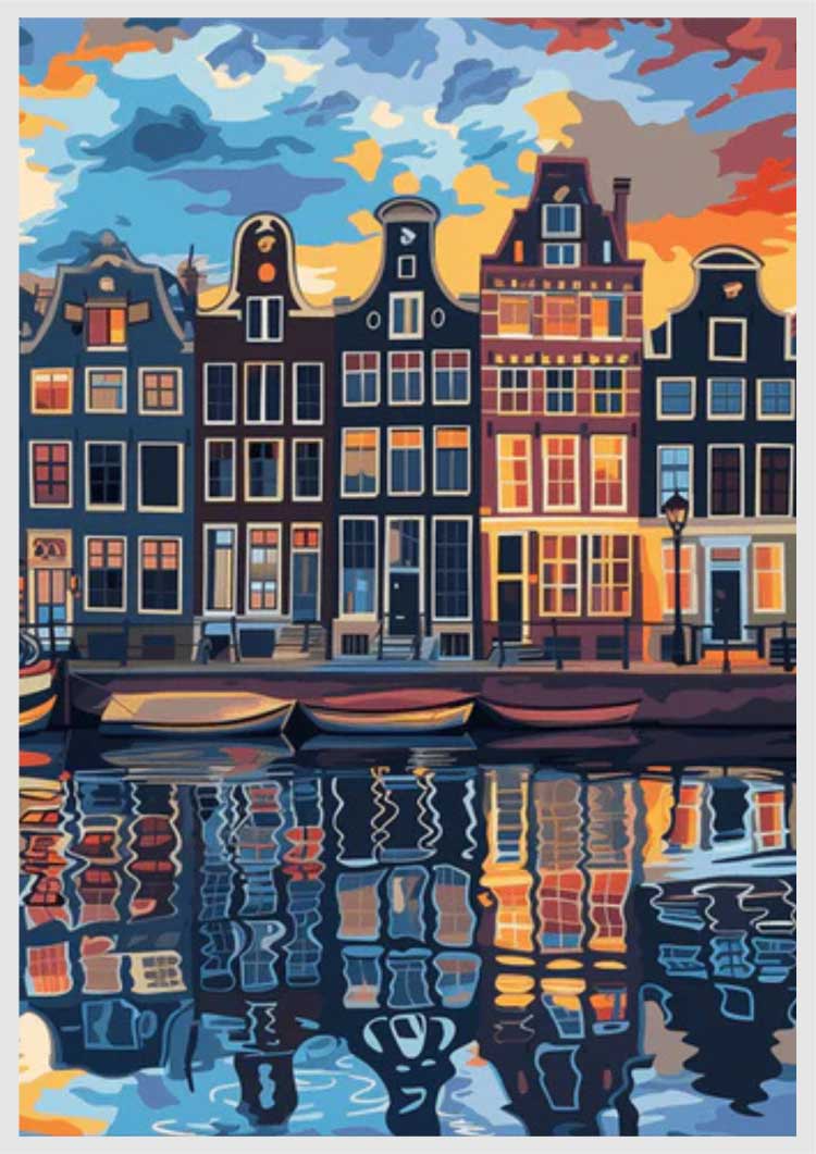 Painting by Numbers of Amsterdam canal houses reflecting in water at sunset