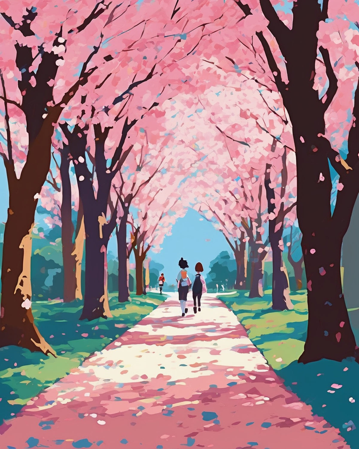 Anime Cherry Blossom School Path paint by numbers kit, two students walking under a tunnel of pink cherry trees on a petal covered path