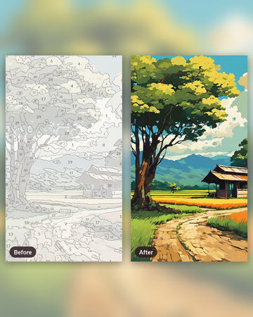 Anime Countryside Bus Stop paint by numbers kit, before and after