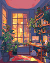 Anime Cozy Room at Night paint by numbers kit, a desk by a window at night with a sleeping cat and city lights outside