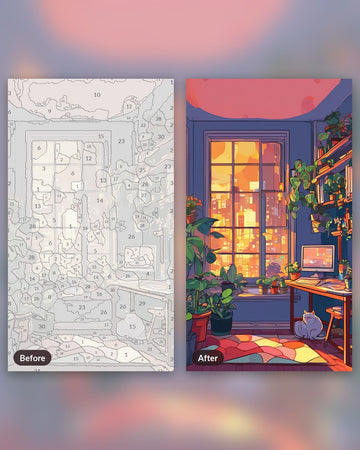 Anime Cozy Room at Night paint by numbers kit, before and after
