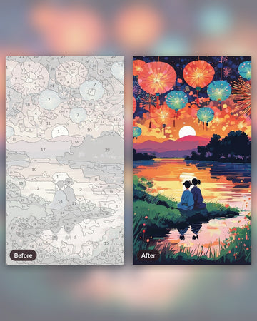 Anime Fireworks by the River paint by numbers kit, before and after