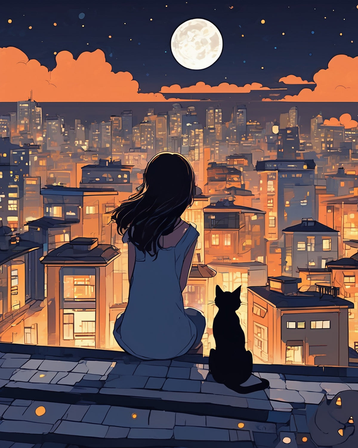 Anime Girl and Black Cat on the Rooftop paint by numbers kit, girl and black cat seen from behind looking over a lit city under a full moon