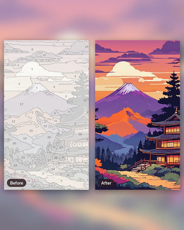 Anime Mountain Village at Dusk paint by numbers kit, before and after