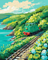 Anime Seaside Railway paint by numbers kit, a small green train running beside a turquoise sea in summer