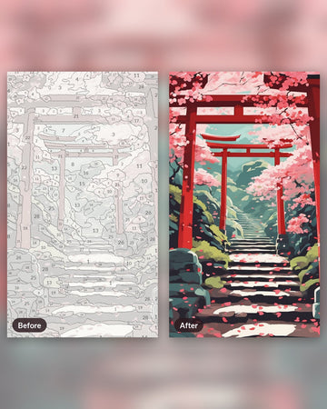 Anime Shrine Steps in Spring paint by numbers kit, before and after
