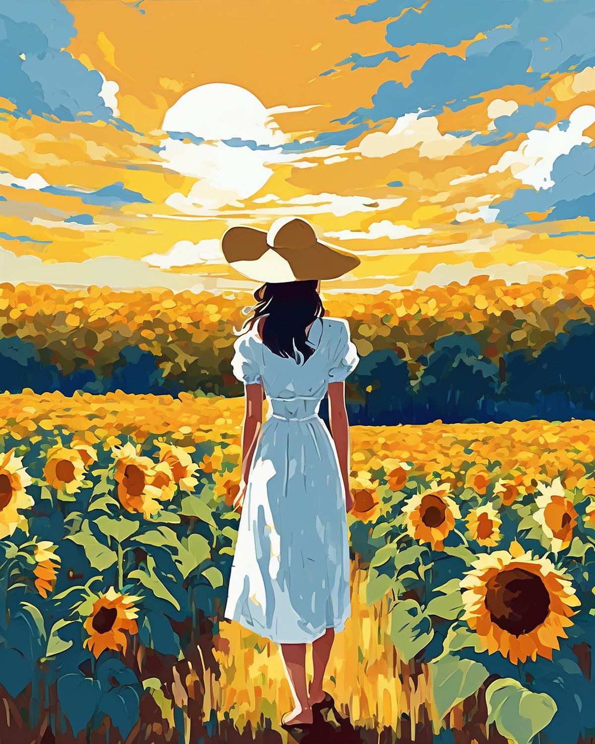 Anime Sunflower Field paint by numbers kit, girl in white dress and straw hat seen from behind in a sunflower field under a summer sky