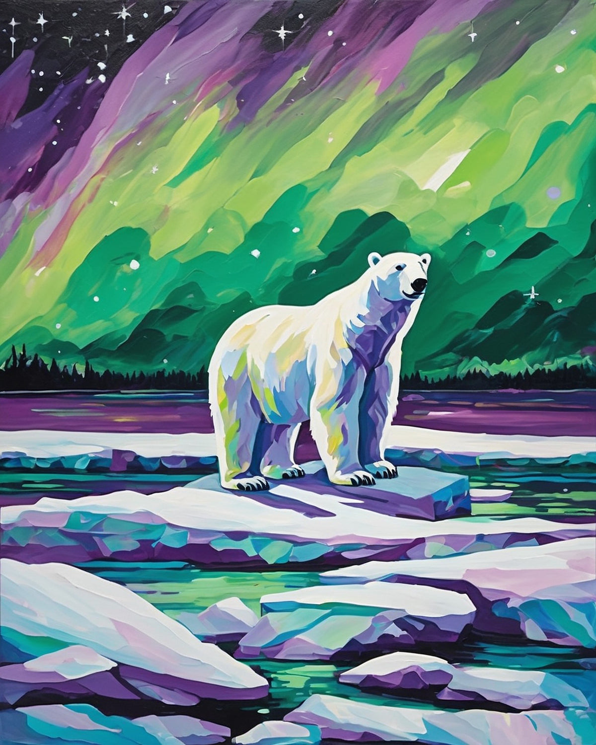 polar bear on an ice floe under green and purple northern lights, paint by numbers kit