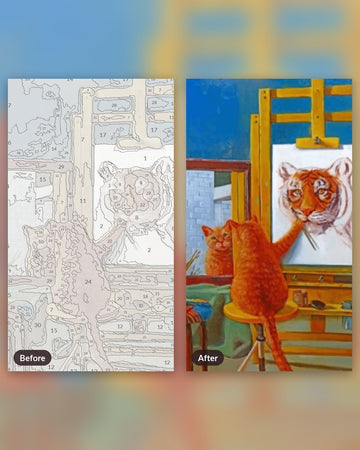 Artist Cat paint by numbers kit, before and after