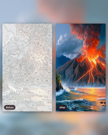 Artistic Volcano paint by numbers kit, before and after