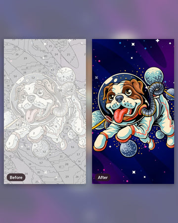 Astro Dog paint by numbers kit, before and after