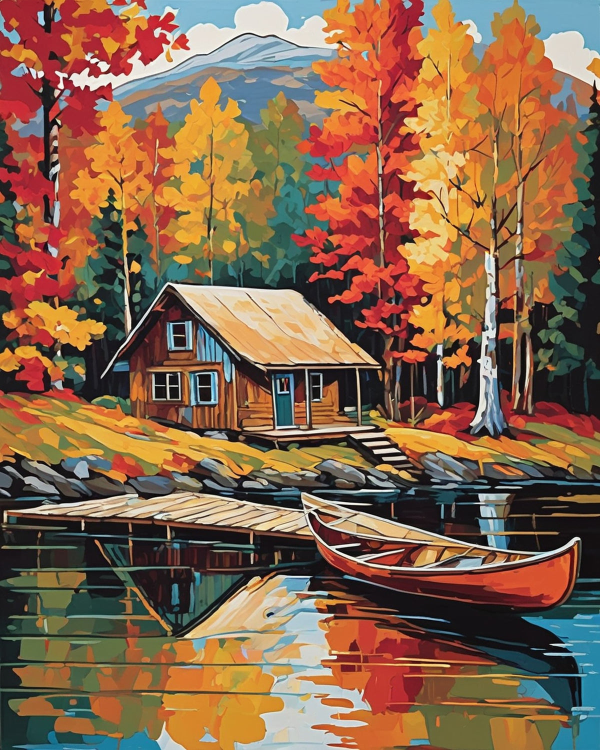 wooden cabin on a lake shore with autumn trees, a dock and a red canoe on the water, paint by numbers kit