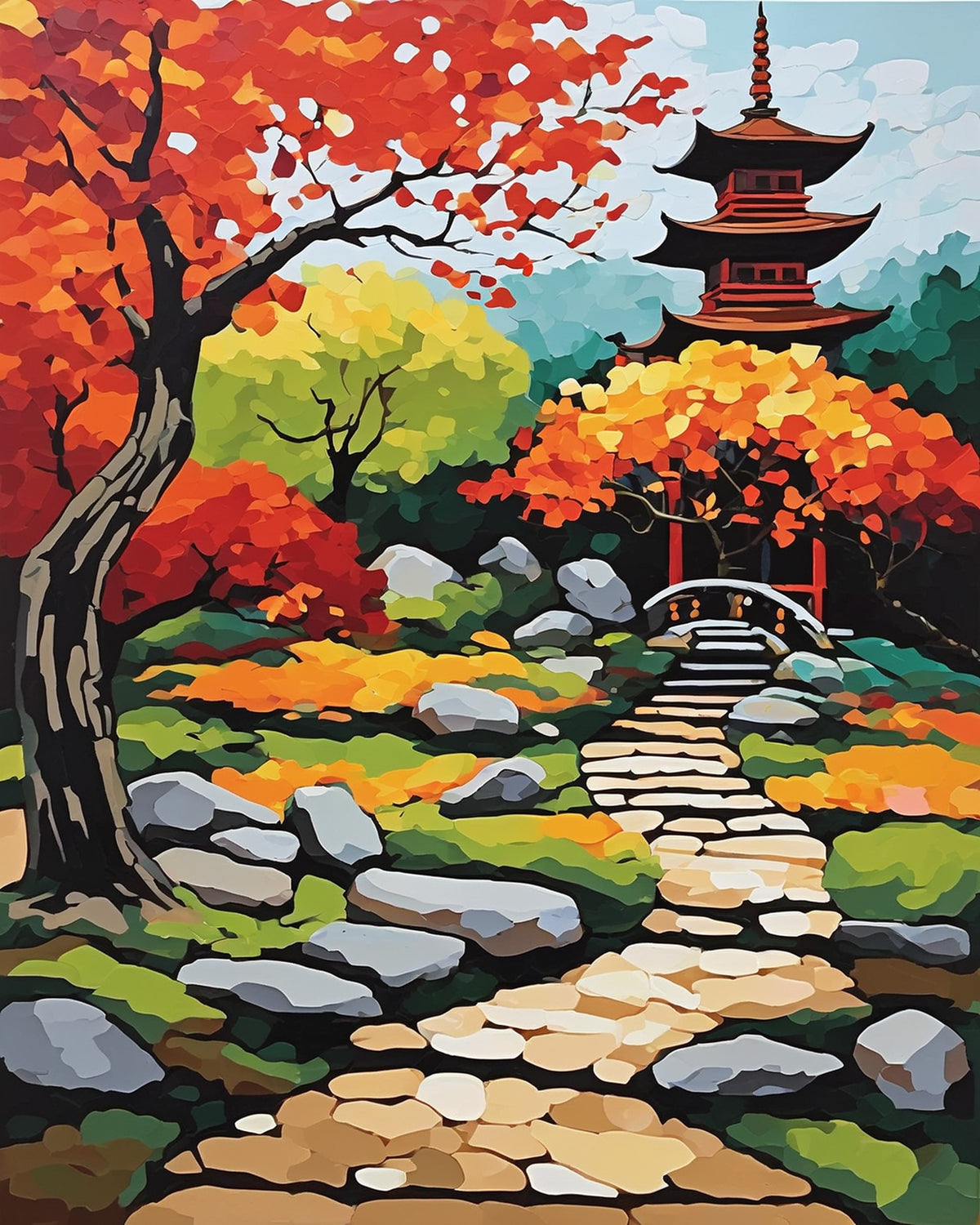 red pagoda above a stone path with gray rocks and red and orange maple trees, paint by numbers kit
