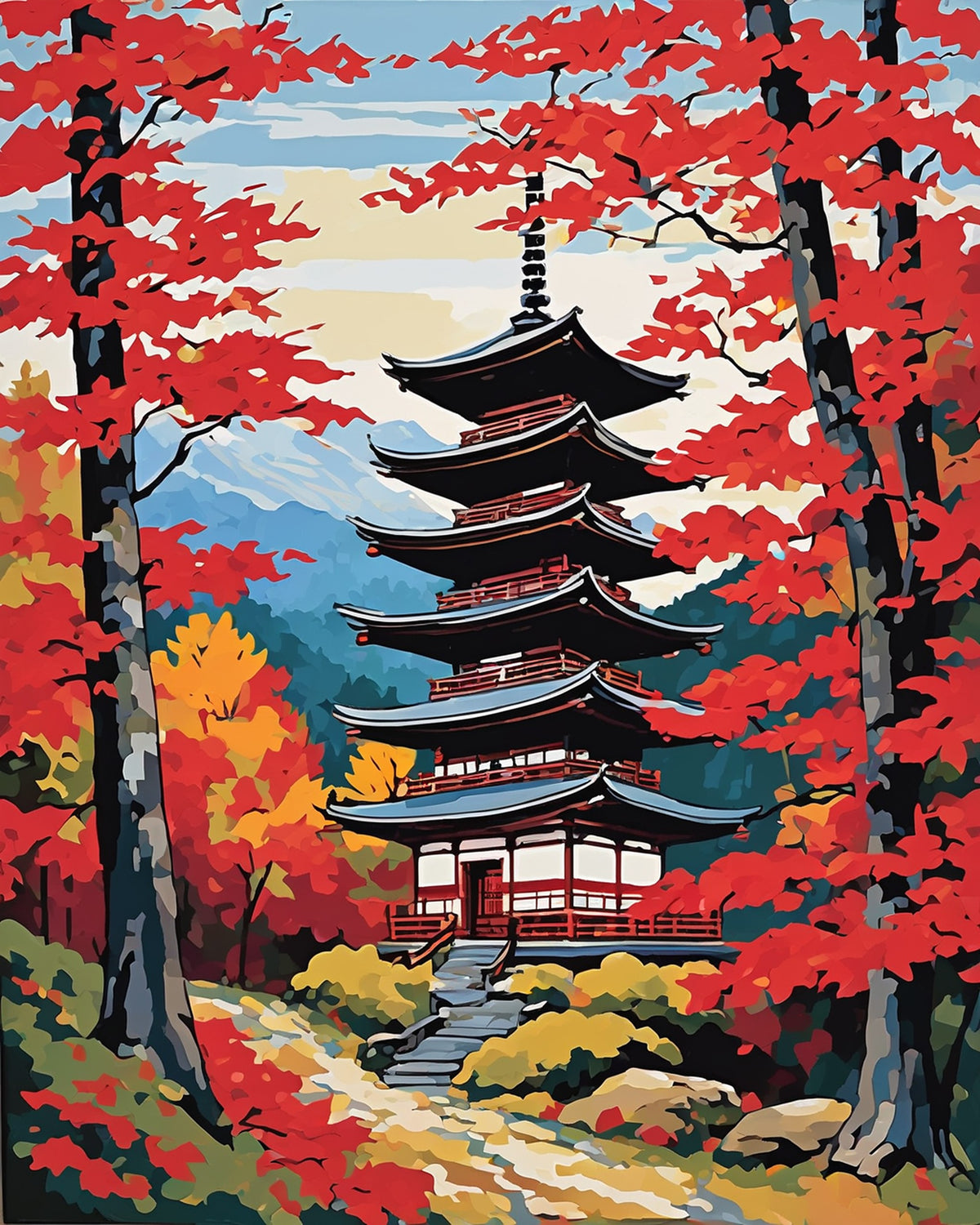 five story pagoda among red maple trees with blue mountains behind, paint by numbers kit