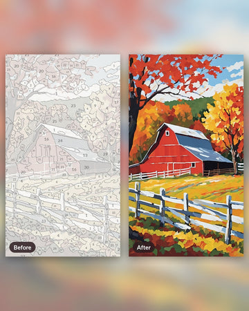 Autumn Red Barn paint by numbers kit, before and after