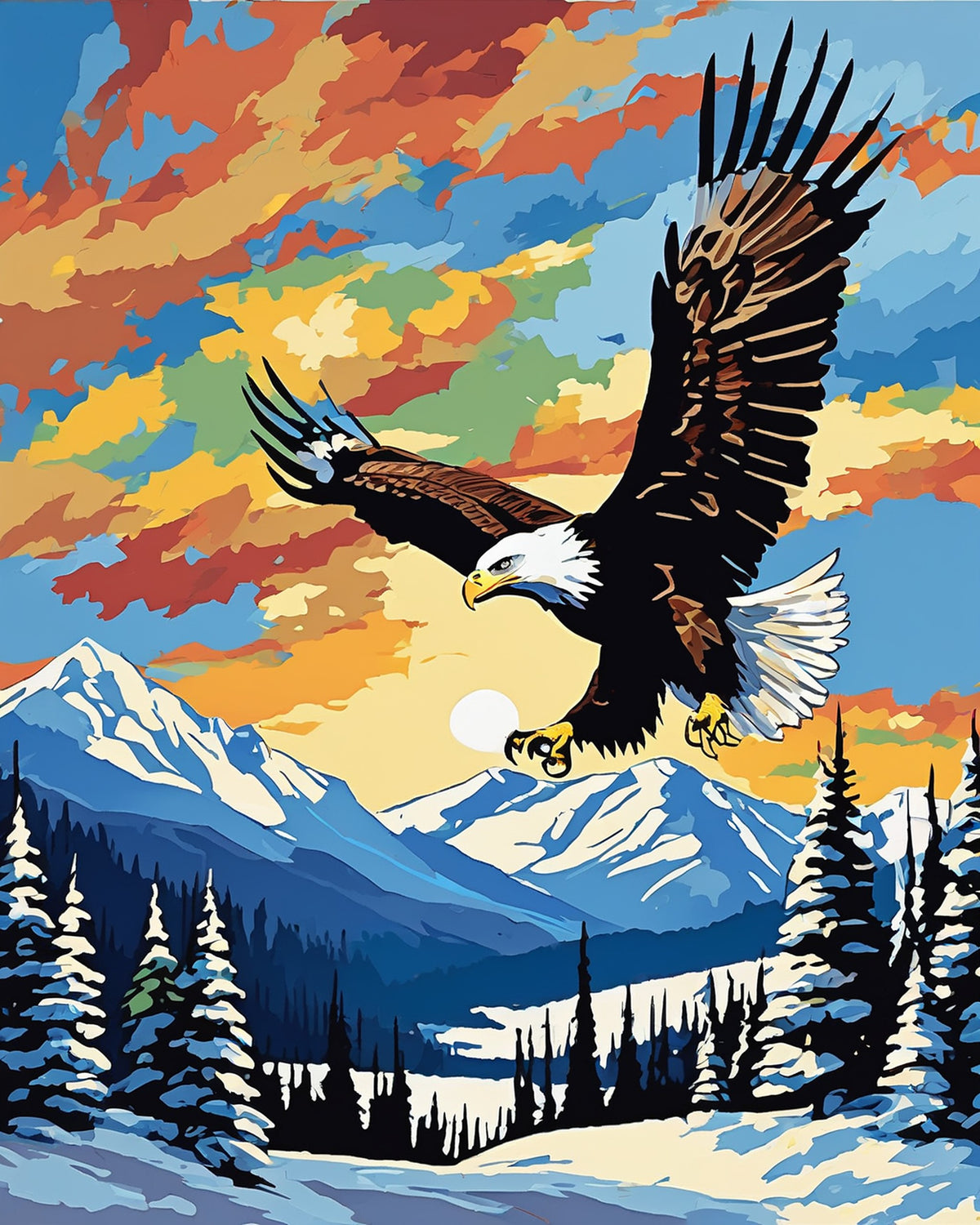 bald eagle with spread wings flying over snowy mountains and pine trees under a colorful sky, paint by numbers kit
