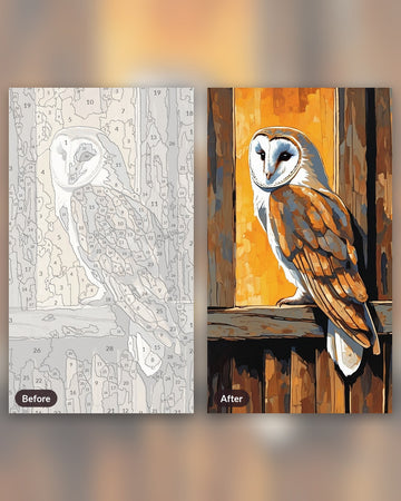 Barn Owl at Dusk in the Hayloft paint by numbers kit, before and after