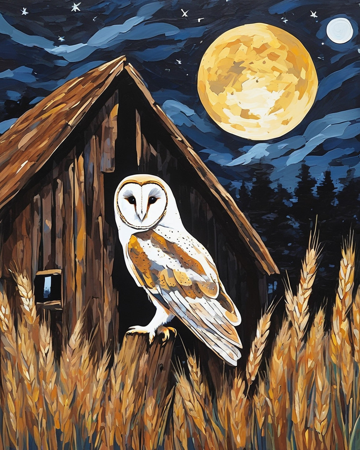 white barn owl perched near an old wooden barn with a full moon, night sky and wheat, paint by numbers kit