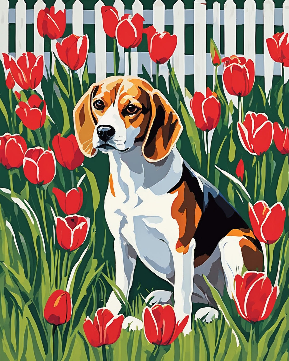 beagle sitting in tall grass among red tulips in front of a white picket fence, paint by numbers kit