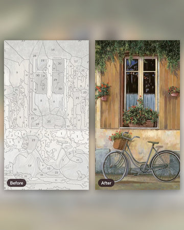 Bicycle with Flowers paint by numbers kit, before and after