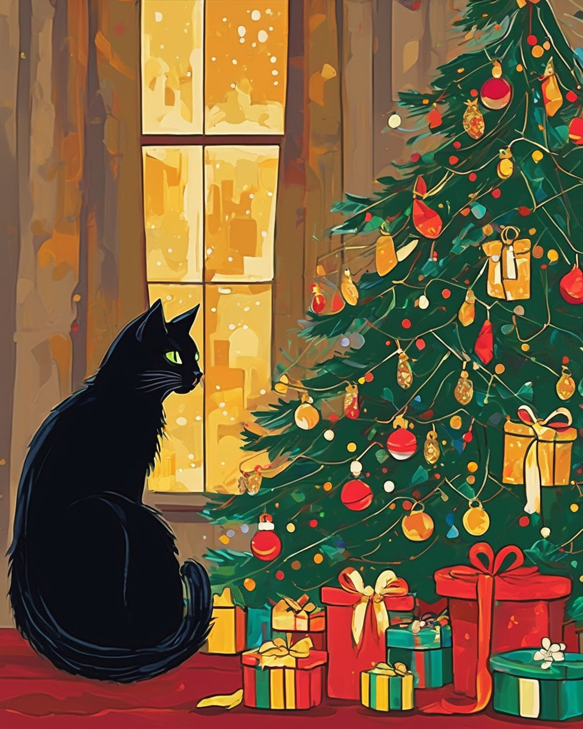 black cat with green eyes beside a decorated christmas tree and wrapped gifts, paint by numbers kit