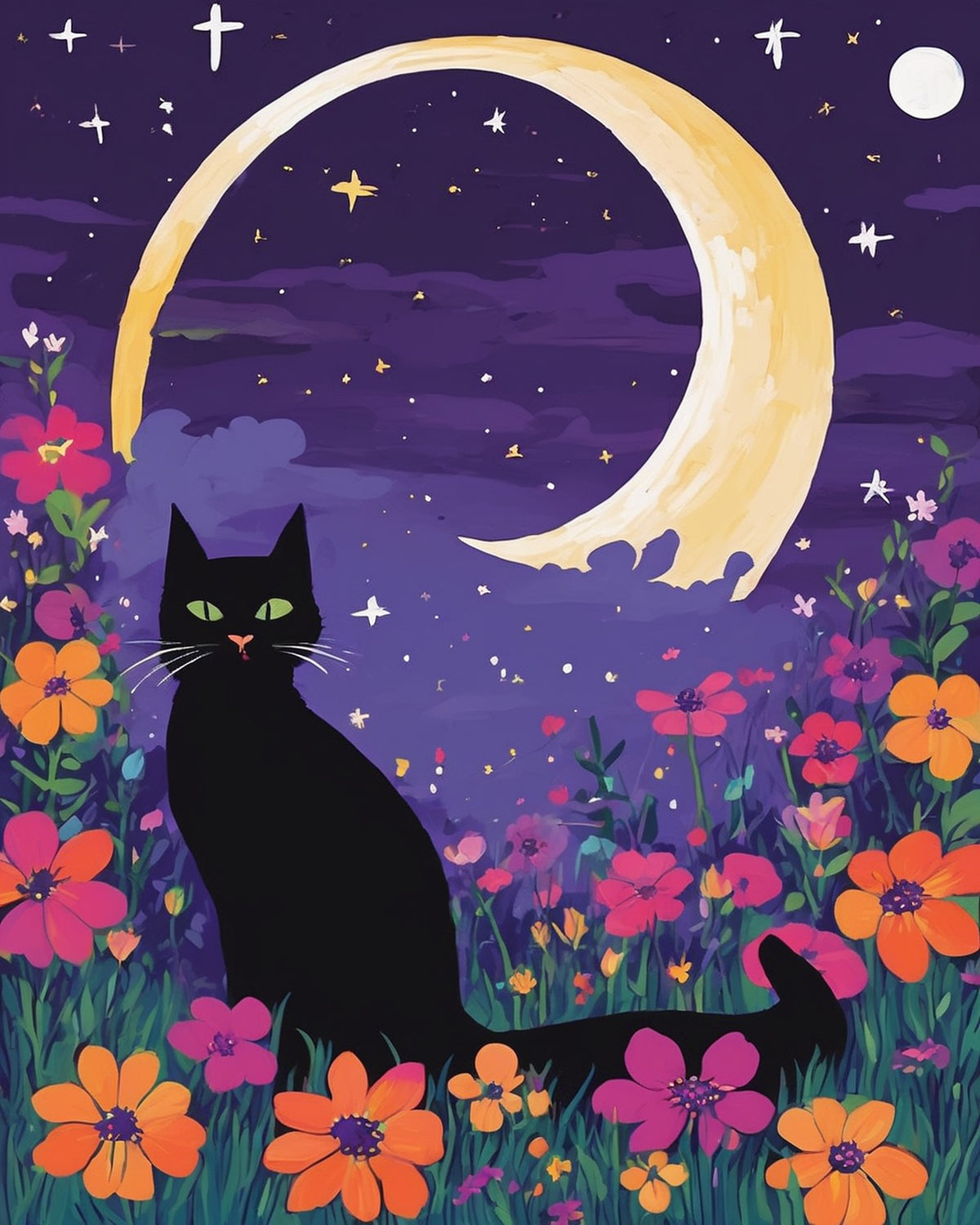 black cat sitting among orange and pink flowers under a golden crescent moon and purple starry sky, paint by numbers kit
