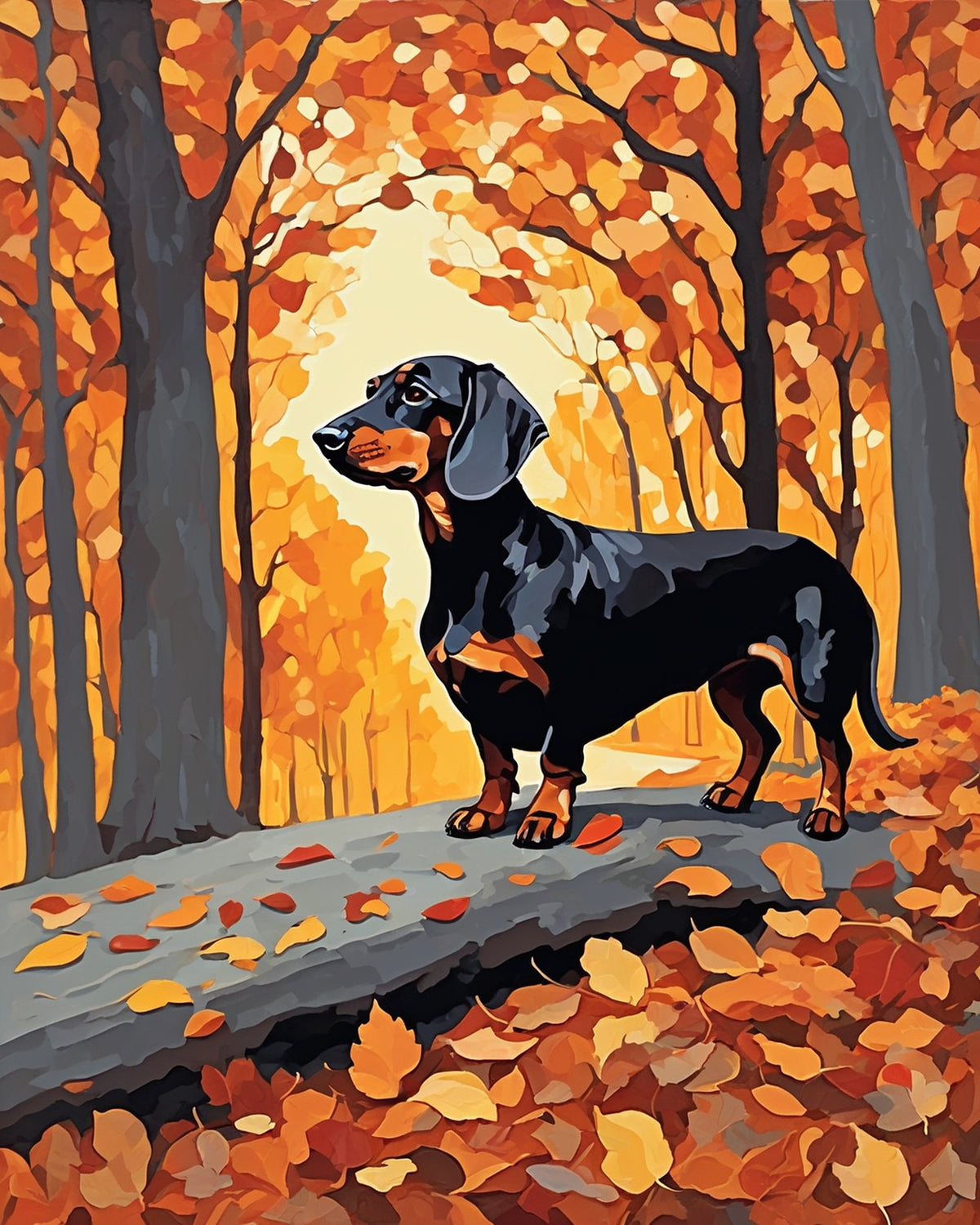 black and tan dachshund standing on a log among orange autumn leaves, paint by numbers kit