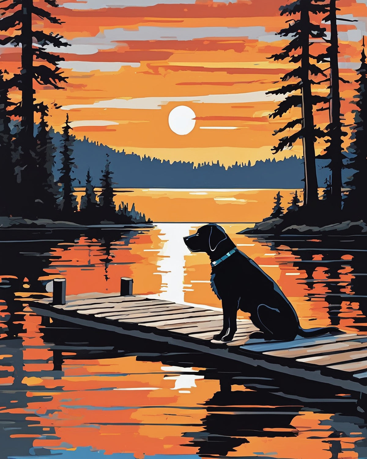 black labrador sitting on a wooden dock by a lake at an orange sunset, paint by numbers kit