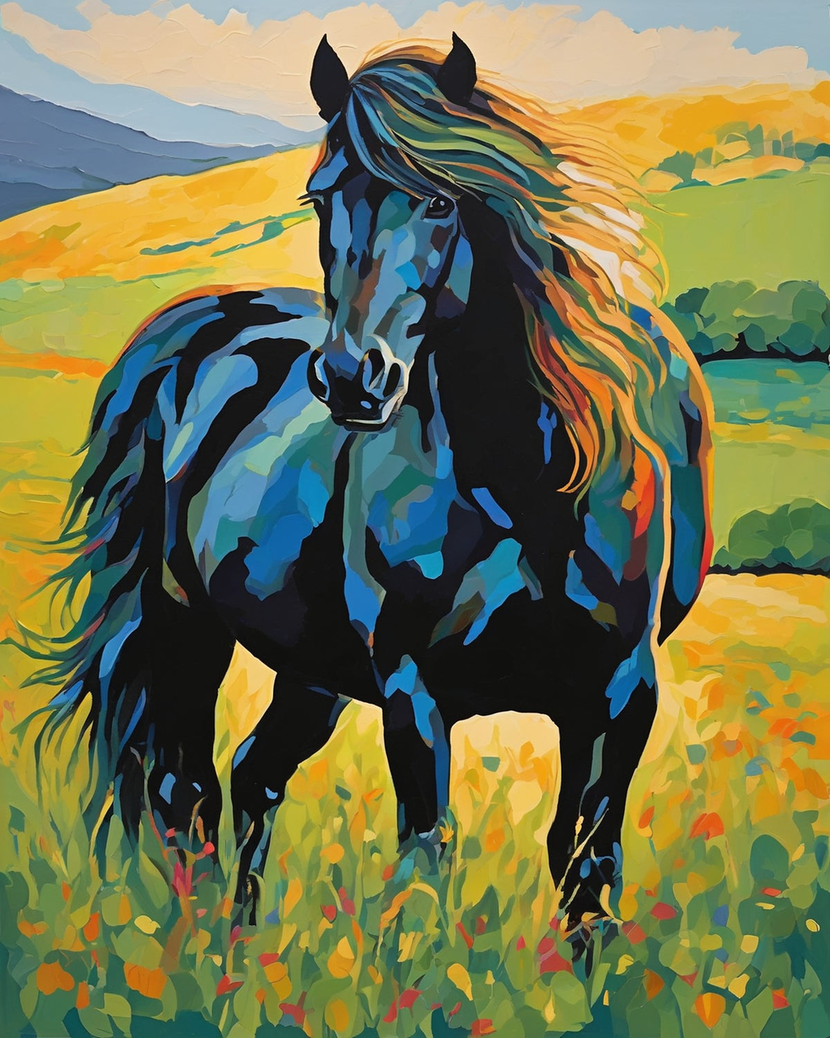 black stallion with a flowing mane standing in a golden wildflower meadow, paint by numbers kit