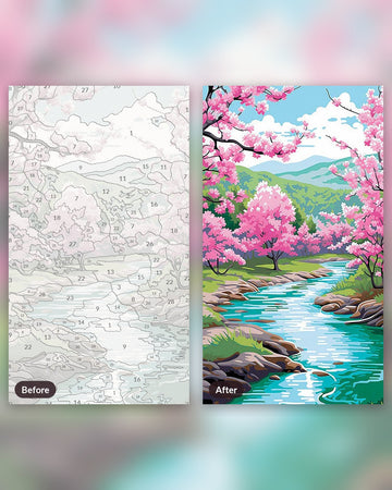 Blossom River Trail paint by numbers kit, before and after