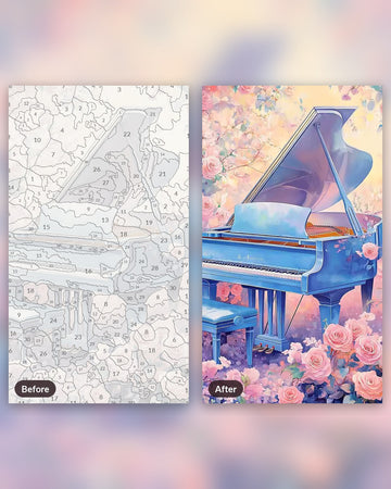 Blossoming Piano paint by numbers kit, before and after