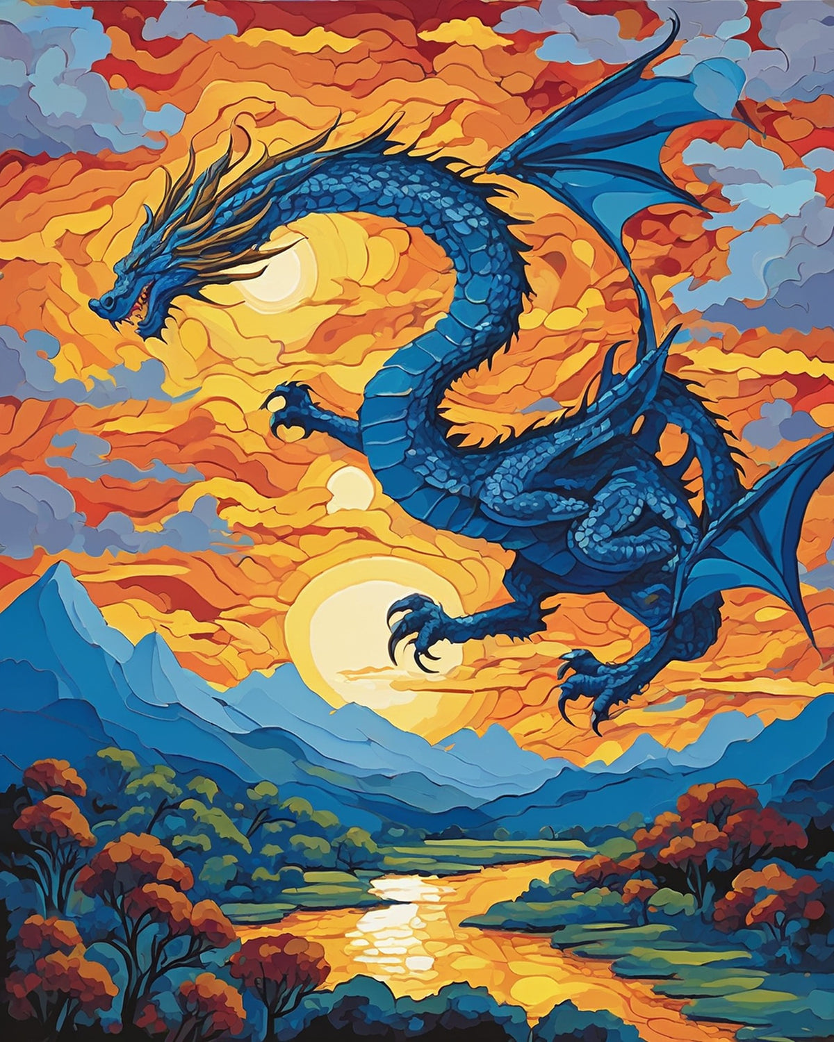 blue dragon with open wings flying through orange sunset clouds above a river valley and mountains, paint by numbers kit