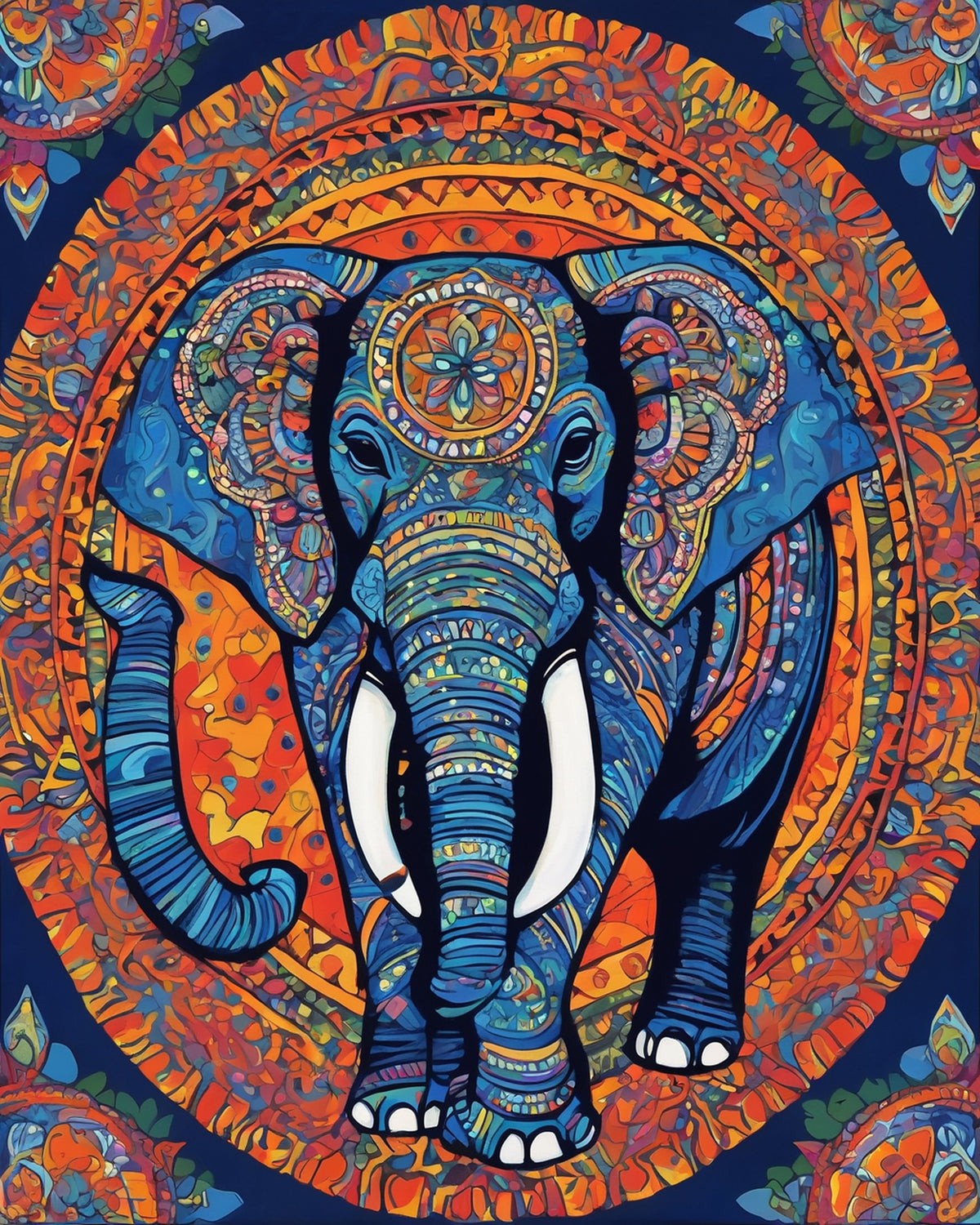 blue elephant with white tusks and mandala patterns inside an orange circular frame on a dark blue background, paint by numbers kit