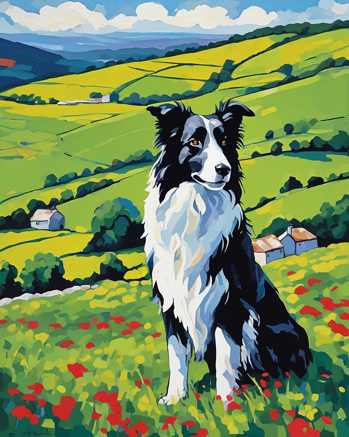 border collie sitting in a poppy meadow with green hills and farmhouses, paint by numbers kit