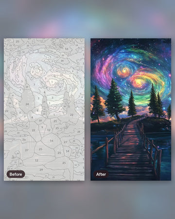 Bridge Between Earth and Space paint by numbers kit, before and after