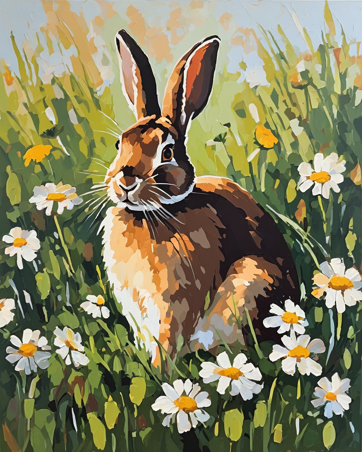 brown rabbit sitting in tall green grass with white daisies in soft light, paint by numbers kit