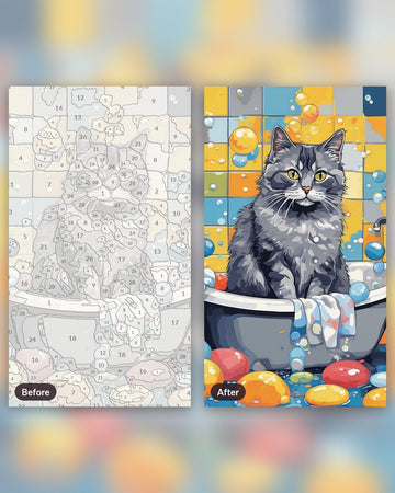 Bubble Bath Cat paint by numbers kit, before and after