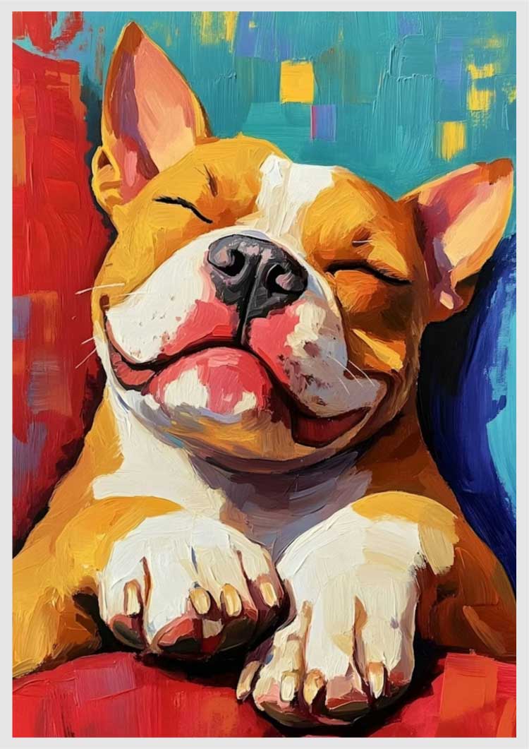 Relaxing Bully Retreat Painting By Numbers Kit featuring a smiling bulldog in vibrant colors.