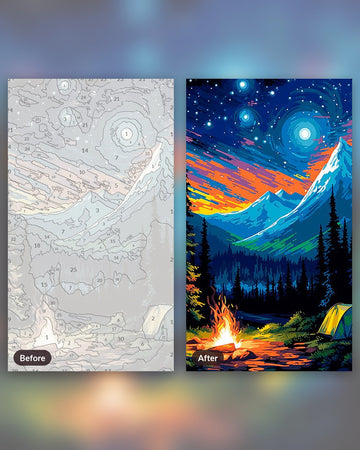 Camping in The Woods paint by numbers kit, before and after