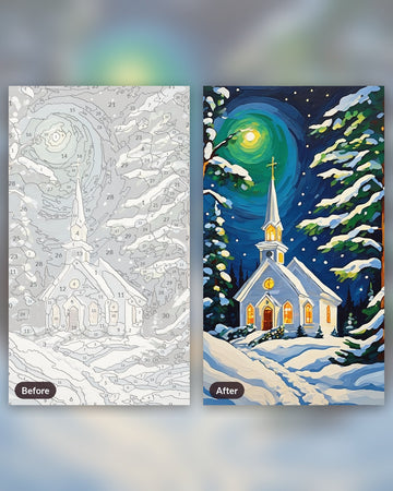 Candlelit Chapel in the Snow Painting by Numbers Kit paint by numbers kit, before and after