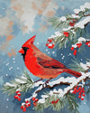 Cardinal on the Snowy Pine paint by numbers kit, red cardinal bird on a snowy pine branch