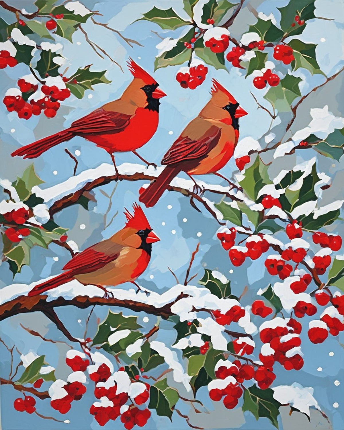 three red cardinals on a snowy holly branch with red berries, paint by numbers kit